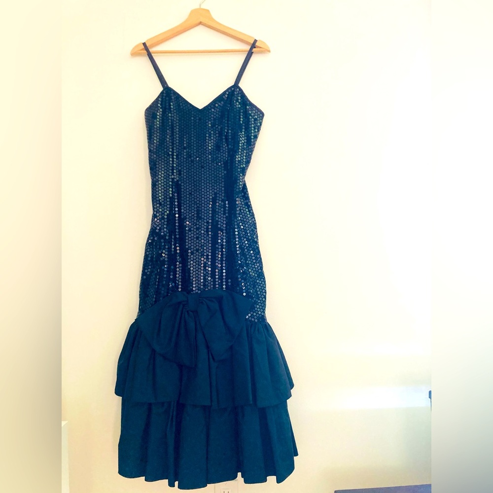Vintage black sequin fishtail mermaid evening cocktail dress Josh Charles.